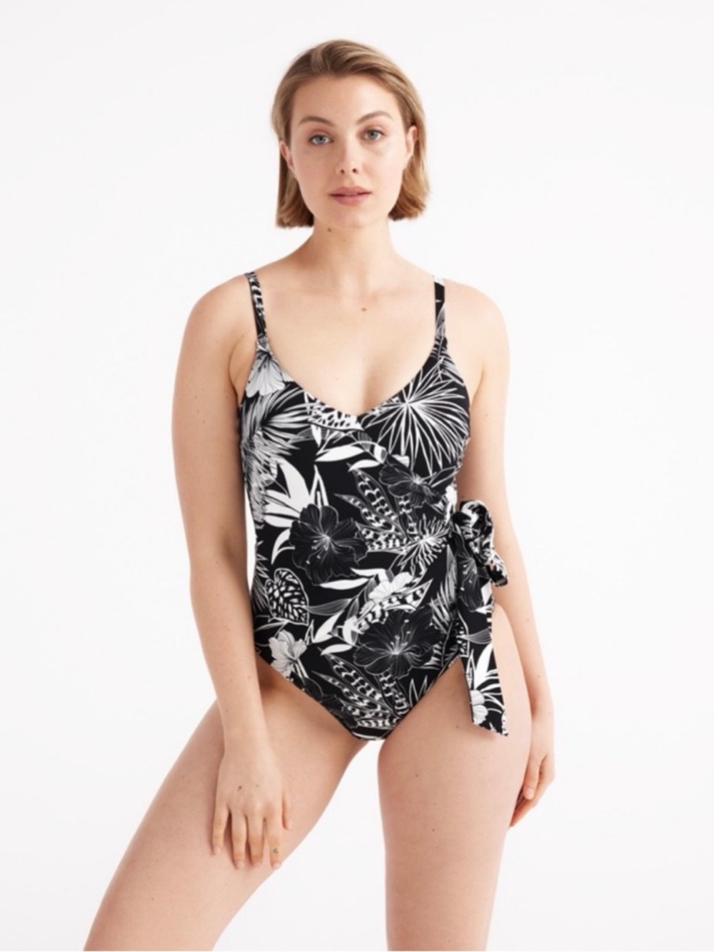 Knix Black & White Tropical One-Piece Swimsuit with Side Tie Size XL